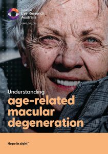 Guide cover that says "Understanding age-related macular degeneration" and shows a picture of a smiling older woman with short silver hair and blue eyes, staring directly at the camera.