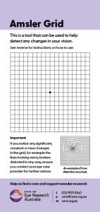 Image of the Amsler Grid tool that says "This is a tool that can be used to help detect any changes in your vision" and shows a picture of lined table graph with a black dot in the centre