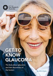 Guide cover that says "Get to know glaucoma: The facts about glaucoma and new discoveries on the horizon" and shows a picture of a smiling older woman facing the camera with her eyes closed. Her hand is raising her sunglasses to show her closed eyes.