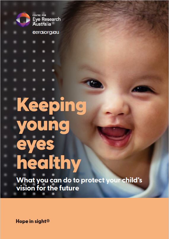 Guide cover that says "Keeping young eyes healthy: What you can do to protect your child's vision for the future" and shows a picture of a smiling baby with no teeth