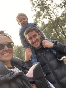 Will and Shelley Alderman with their son Noah. Noah is on Will's shoulders.