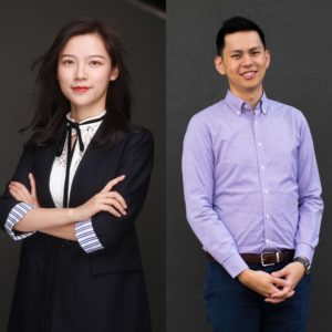 Zhouting Zhu and Zhichao Wu standing in front of dark backgrounds.