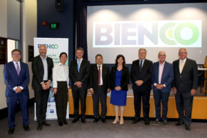 Photograph of researchers posing in front of the BIENCO banner at the BIENCO launch event.