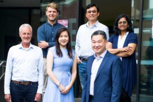 Photograph of some of the CERA's glaucoma researchers in front of the Royal Victorian Eye and Ear Hospital.