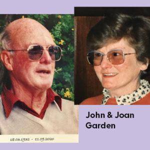Photomontage combining head and shoulders photographs of John (to the left) and Joan (to the right) Garden.