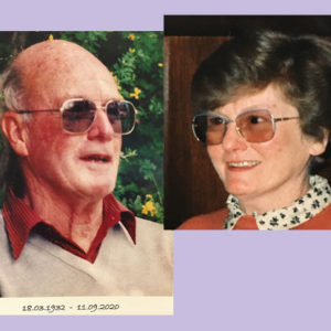 Photomontage combining head and shoulders photographs of John (to the left) and Joan (to the right) Garden.