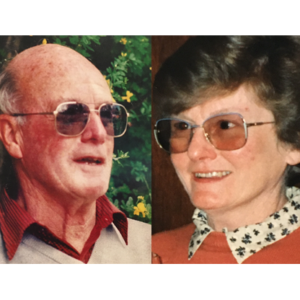 Photomontage combining head and shoulders photographs of John (to the left) and Joan (to the right) Garden.