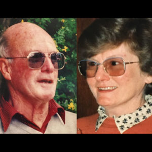 Photomontage combining head and shoulders photographs of John (to the left) and Joan (to the right) Garden.