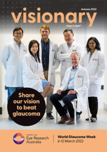 Cover page of Visionary Magazine – Autumn 2022. Featuring a group photograph of some of CERA's glaucoma researchers in a corridor at the CERA offices.