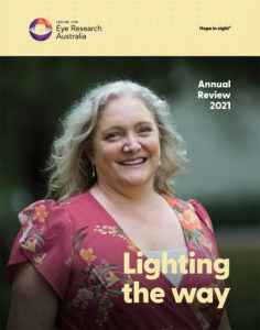 Front cover of the CERA 2021 Annual report. It is titled Lighting the way, and features a head and shoulders shot of Sophie Thomas smiling towards the camera.