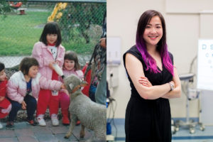 Two photos of Flora Hui side by side, one of her as a child and one as an adult.