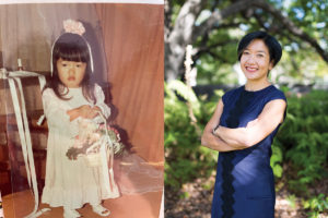 Two photos of Associate Professor Lyndell Lim, one as a child and one as an adult.