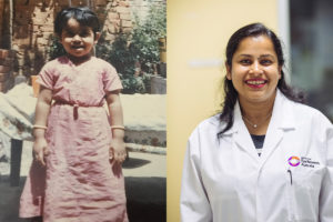 Two images of Dr Sushma Anand, one ans an adult and one as a child